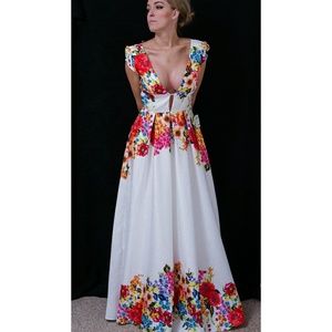 Floral and White Plunging Neckline Dress Gown